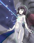  after_war_gundam_x beam blue_eyes fever-san flat_chest grey_hair gundam gundam_x long_hair lowres mecha nude oekaki ponytail pussy solo tiffa_adill uncensored very_long_hair 