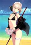  1girl absurdres apron artoria_pendragon_(all) artoria_pendragon_(swimsuit_rider_alter) bangs bare_shoulders beach bikini black_bikini blue_sky blush bow bowtie closed_mouth cloud cloudy_sky day eyebrows_visible_through_hair fate/grand_order fate_(series) highres long_sleeves looking_at_viewer maid maid_apron maid_headdress navel ocean off_shoulder outdoors pale_skin scan serious sky solo swimsuit tanaka_takayuki thigh_strap water 