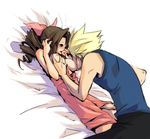  1girl adjusting_hair aerith_gainsborough bad_id bad_pixiv_id bed_sheet blonde_hair blush bow breast_grab breast_sucking breasts brown_hair cloud_strife couple curly_hair dress final_fantasy final_fantasy_vii grabbing hair_bow hetero hidaka_ryou medium_breasts nipples pink_bow pink_dress ponytail spiked_hair 