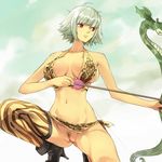  alternate_hair_color amazon arrow asymmetrical_clothes bikini boots bow_(weapon) breasts large_breasts marguerite mosha navel no_panties one_knee one_piece pubic_hair pussy red_eyes short_hair silver_hair single_thighhigh snake solo swimsuit thighhighs uncensored weapon 