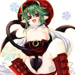  bad_id bad_pixiv_id blush breasts demon_tail green_hair hat looking_at_viewer lowres misoka_nitsuki nipples nude open_mouth rukia_moon shinrabanshou short_hair small_breasts solo tail thighhighs 