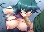  1girl :&gt;= angry armor bangs bdsm black_hair blush bodysuit bondage bottomless bound breasts breasts_outside censored cleavage clothed_sex crack dutch_angle fellatio fishnets game_cg green_eyes hair_between_eyes hanging_breasts hetero igawa_asagi kagami_hirotaka large_breasts long_hair mosaic_censoring ninja nipples no_bra oral penis puffy_nipples rape shiny shiny_hair shirt skindentation solo_focus taimanin_(series) taimanin_asagi testicles through_wall torn_bodysuit torn_clothes turtleneck two_side_up 