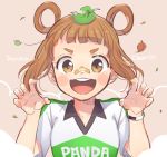  &gt;:d 1girl bandaid bandaid_on_nose blush blush_stickers brown_eyes brown_hair character_name inazuma_eleven_(series) inazuma_eleven_ares_no_tenbin leaf leaf_on_head long_hair looking_at_viewer open_mouth paw_pose sidelocks smile soccer_uniform solo sportswear tanukigahara_ponko tomo_(sjim) updo 