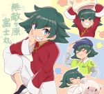  1boy ainya02 animal_costume bear_costume blue_eyes blush cabbie_hat character_name chinese_clothes green_hair grin hat inazuma_eleven_(series) inazuma_eleven_ares_no_tenbin long_sleeves looking_at_viewer mutekigahara_fujimaru o3o sleeves_past_wrists smile 