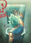  1boy absurdres alto_(natsusansai) blue_hair broken_mirror dragon_ball dragon_ball_super earrings from_behind gloves grin highres jewelry male_focus mirror potara_earrings reflection smile solo spiked_hair standing super_saiyan super_saiyan_blue vegetto white_gloves 