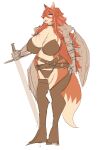  absurd_res anthro armor big_breasts breasts canid canine carsen clothed clothing fangs female fluffy fluffy_tail fox fur hair hi_res holding_object holding_weapon mammal melee_weapon multicolored_body multicolored_fur open_mouth open_smile orange_body orange_fur orange_hair partially_clothed red_eyes scar simple_background smile solo sword thick_thighs tongue two_tone_body two_tone_fur weapon wide_hips 