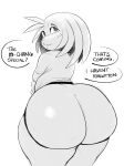  2022 alien anthro big_butt bottomless bottomless_male butt clothed clothing dialogue english_text greyscale hi_res huge_thighs humanoid intersex_(lore) jay_(sqoon) looking_at_back male monochrome puwa simple_background smile solo sqoon text thick_thighs topwear white_background 