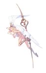  1girl absurdres armpit_crease bare_shoulders blonde_hair blue_eyes breasts cacaco fantasy feathered_wings grey_background head_wings heart highres holding holding_weapon large_breasts long_hair open_mouth original pink_lips simple_background solo toeless_footwear toenails weapon wings 