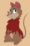 absurd_res blue_eyes brown_body brown_fur cloak clothing denzeltip don_bluth female feral fur hand_on_hand hi_res mammal mouse mrs._brisby murid murine rodent simple_background smile solo teeth the_secret_of_nimh 