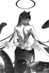  1girl absurdres back black_dress dress from_behind greyscale halo highres hololive hololive_english long_hair low_wings lucadark_art monochrome ninomae_ina&#039;nis pointy_ears sketch solo strapless strapless_dress tentacle_hair tentacles tube_dress undressing very_long_hair virtual_youtuber wings 