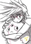  1boy closed_mouth creature facial_mark grey_background greyscale hug long_hair male_focus mizuno_shinya monochrome original shaded_face simple_background sketch spot_color third_eye 