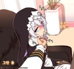  1boy 1girl annoyed bad_id bad_pixiv_id bangs black_dress blue_eyes blush captain_(honkai_impact) chair closed_mouth dress honkai_(series) honkai_impact_3rd indoors jacket long_hair long_sleeves looking_at_viewer nun office_chair ooyun plant potted_plant side_ponytail sitting sweatdrop theresa_apocalypse theresa_apocalypse_(valkyrie_pledge) v-shaped_eyebrows veil white_hair white_jacket 