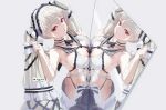  1girl absurdres age_fx azur_lane bangs bare_shoulders black_sailor_collar blush breasts butt_crack choker cleavage detached_collar dress formidable_(azur_lane) formidable_(timeless_classics)_(azur_lane) from_side grey_background grey_hair hands_up highres large_breasts long_hair mirror official_alternate_costume open_mouth parted_lips red_eyes reflection sailor_collar simple_background solo standing symmetry twintails two-tone_ribbon very_long_hair white_dress 