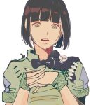  1girl bow bowtie genderswap genderswap_(mtf) green_eyes green_shirt higashikata_joshu inanashil interlocked_fingers jojo_no_kimyou_na_bouken jojolion looking_down screw shirt wrist_cuffs 