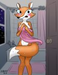  anthro bathroom blush canid canine caught covered_breasts covering covering_breasts dipstick_tail fauna_fox female fox heresy_(artist) mammal markings night solo standing tail_markings the_f_tales wet 