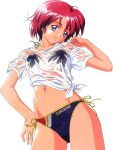  1990s_(style) 1girl bikini blue_eyes cowboy_shot highres hinomoto_hikari kokura_masashi looking_at_viewer mole mole_under_eye navel non-web_source official_art red_hair retro_artstyle shirt short_hair short_sleeves side-tie_bikini simple_background smile solo swimsuit tied_shirt tokimeki_memorial tokimeki_memorial_2 wet wet_clothes wet_hair wet_shirt white_background white_shirt 