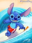  2022 3_toes alien blue_body blue_claws blue_eyes blue_fur blue_nose bottomwear chest_tuft claws clothed clothing disney experiment_(lilo_and_stitch) feet fur head_tuft hi_res lilo_and_stitch male notched_ear sagadreams sea shorts signature solo stitch_(lilo_and_stitch) surfboard surfing swimming swimming_trunks swimwear toes topless tuft water wave 