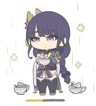  1girl black_legwear bow bowl braid brown_footwear chibi chopsticks closed_mouth commentary_request food full_body genshin_impact hair_bow health_bar holding holding_bowl holding_chopsticks japanese_clothes kimono long_hair looking_away noodles nyaru_(nyaru_4126) obi off_shoulder purple_bow purple_eyes purple_hair purple_kimono raiden_shogun sash simple_background solo standing thick_eyebrows thighhighs very_long_hair white_background zouri 