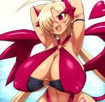  big_breasts blonde_hair breasts demon demon_humanoid female hair hair_over_eye hi_res huge_breasts humanoid jadf nipple_outline not_furry one_eye_obstructed open_mouth open_smile smile solo spade_tail 