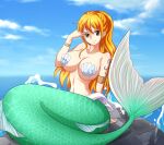  armlet bracelet breasts convenient_censoring earrings fins fish_tail highres jewelry large_breasts mermaid monster_girl monsterification nami_(one_piece) one_piece orange_hair scales sitting smile stud_earrings tail tattoo transformation user_kuroko 