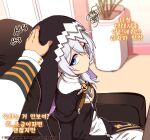  1boy 1girl bangs black_dress blue_eyes captain_(honkai_impact) chair closed_mouth dress headpat indoors jacket long_hair long_sleeves looking_at_viewer non-web_source nun office_chair ooyun side_ponytail sitting squiggle theresa_apocalypse theresa_apocalypse_(valkyrie_pledge) veil white_hair white_jacket 