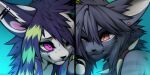  2022 angiewolf anthro blue_background duo ear_piercing female fur gradient_background hi_res male multicolored_body multicolored_fur one_eye_closed piercing purple_eyes simple_background smile unknown_species 