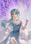  1girl absurdres bare_shoulders blue_dress blue_hair bracelet douluo_dalu dress flower hair_ornament hair_rings highres jewelry looking_at_viewer necklace open_mouth outstretched_hand sash solo tang_wutong_(douluo_dalu) tang_wutong_tongren_she teeth upper_body wisteria 