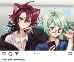  2boys animal_ears blue_shirt bow cat_boy cat_ears cellphone closed_mouth couple genderswap genderswap_(ftm) genshin_impact glasses green_eyes green_hair hair_between_eyes highres hood hoodie iphone looking_at_viewer male_focus multicolored_hair multiple_boys nvttian open_mouth phone pov red_bow red_hair shikanoin_heizou shirt short_hair smartphone smile streaked_hair sucrose_(genshin_impact) swedish_text t-shirt white_shirt yellow_eyes 