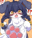  4_fingers accessory anthro bath_towel black_hair blush border_collie breasts canid canine canis claws cleavage clothed clothing collie digital_media_(artwork) domestic_dog female fingers floppy_ears flower flower_in_hair fur grey_body hair hair_accessory herding_dog hi_res koto0v0haru kotorita looking_at_viewer mammal multicolored_body open_mouth pastoral_dog pawpads paws pigtails plant reaching_towards_viewer sheepdog solo tongue towel towel_only two_tone_body white_body white_fur 