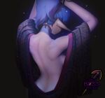  1girl absurdres adjusting_hair armpits back backless_outfit big.boss.requiem blue_hair breasts butt_crack choker commission earrings english_commentary from_behind highres indie_virtual_youtuber jewelry layna_lazar long_hair medium_breasts moonlight no_bra off_shoulder pale_skin pointy_ears ponytail sideboob solo standing virtual_youtuber watermark 