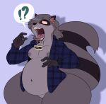  anthro blue_flannel clothed clothing darkcresentskymin ear_piercing ear_ring flannel fluffy fluffy_tail gaping_mouth hi_res looking_confused male mammal navel nipples object_hanging_from_tongue object_in_mouth open_clothing open_mouth open_shirt open_topwear piercing procyonid raccoon ring_piercing rye_(darkcresentskymin) shirt solo swoop_haircut throat tongue tongue_out topwear vorish welcome_sign whiskers wide_hips 