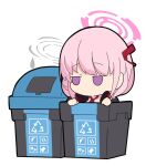  1girl arrow_(symbol) bangs blue_archive chibi eimi_(blue_archive) emphasis_lines halo headphones headphones_around_neck in_container jitome long_hair necktie nyaru_(nyaru_4126) pink_hair purple_eyes recycling_symbol red_necktie simple_background solo trash_bag white_background 