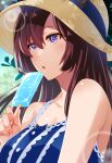  1girl black_hair breasts cleavage collarbone commentary_request dress food hat long_hair looking_at_viewer medium_breasts mejiro_dober_(umamusume) mejiro_dober_(vacation_safir)_(umamusume) open_mouth popsicle purple_eyes simple_background sleeveless solo straw_hat tomoe_no_kaminari umamusume 