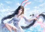  1girl absurdres animal_ears bare_legs black_hair bracelet braid braided_ponytail douluo_dalu dress fish highres jewelry leg_up long_hair necklace rabbit_ears second-party_source solo water white_dress xiao_wu_(douluo_dalu) zhong_yan 