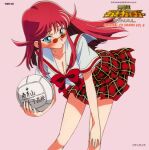  1girl ball blue_eyes breasts cleavage feet_out_of_frame hand_on_own_knee holding holding_ball kimura_takahiro long_hair lowres miniskirt non-web_source official_art pink_background plaid plaid_skirt pleated_skirt red-tinted_eyewear red_hair round_eyewear short_sleeves simple_background skirt solo tinted_eyewear utsugi_mikoto volleyball yuusha_ou_gaogaigar yuusha_ou_gaogaigar_final yuusha_series 
