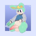  animal_crossing anthro balls big_penis black_eyes blonde_hair bottomless clothed clothing english_text erection foreskin frumples genitals hair holding_object holding_phone kneeling lagomorph leporid male mammal multicolored_body navel nintendo partially_retracted_foreskin penis phone rabbit sasha_(animal_crossing) smile solo sweater taking_picture text thick_thighs topwear two_tone_body video_games 