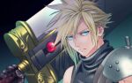  1boy armor asymmetrical_hair black_gloves blonde_hair blue_eyes blue_shirt buster_sword cloud_strife crisis_core_final_fantasy_vii earrings final_fantasy final_fantasy_vii gloves gradient gradient_background hair_between_eyes jewelry ko102k1 looking_at_viewer materia over_shoulder protected_link shirt short_hair shoulder_armor single_earring sleeveless sleeveless_turtleneck solo spiked_hair suspenders turtleneck upper_body weapon weapon_over_shoulder 