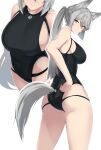  1girl absurdres animal_ears ass ass_focus bare_arms black_skirt black_swimsuit breasts commission competition_swimsuit from_above from_behind grey_hair highleg highleg_swimsuit highres large_breasts long_hair looking_at_viewer maruyaa_(malya1006) multiple_views one-piece_swimsuit original ponytail sideboob skeb_commission skirt swimsuit tail tail_through_clothes twisted_torso yellow_eyes 