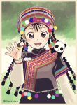  1girl animal_on_shoulder bangs black_hair black_skirt border braid brown_eyes fullmetal_alchemist hand_up hat highres layered_sleeves long_sleeves looking_at_viewer may_chang multicolored_clothes multicolored_headwear multiple_braids panda pom_pom_(clothes) pumirasan ring_hair_ornament short_over_long_sleeves short_sleeves skirt skirt_set smile traditional_clothes twitter_username upper_body waving xiao-mei 