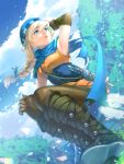  1girl arm_up armpits belt blonde_hair blue_scarf boots braid braided_ponytail brown_legwear cloud cloudy_sky corset dagger dress dutch_angle elbow_gloves fire_emblem fire_emblem:_genealogy_of_the_holy_war foreshortening gloves hat highres knife leggings long_hair looking_away looking_to_the_side outdoors patty_(fire_emblem) rock scarf sheath short_dress sitting sky sleeveless sleeveless_dress solo tree umipro weapon 