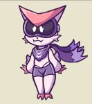  absurd_res anthro bottomwear cheek_tuft clothing cute_fangs eve_(maskedfurry) eyewear facial_tuft fangs female fur goggles hi_res legendary_pok&eacute;mon maskedfurry nintendo pink_body pink_fur pok&eacute;mon pok&eacute;mon_(species) purple_scarf scarf shorts simple_background solo spandex_shorts tuft victini video_games wings 