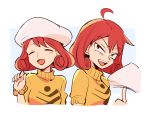  1girl ace_attorney beret bracelet closed_eyes hat highres holding holding_clothes holding_hat ini_miney jewelry multiple_views nono_(norabi) open_mouth phoenix_wright:_ace_attorney_-_justice_for_all red_hair solo sweater white_headwear yellow_sweater 