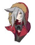  1girl animal_ears arknights cacaco closed_mouth eyelashes frown fur-trimmed_hood fur_trim grey_background grey_hair hair_over_one_eye hatching_(texture) hood hood_up long_eyelashes long_hair projekt_red_(arknights) simple_background sketch solo upper_body yellow_eyes 