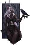  2022 anthro archery_(artist) avian bird black_body black_feathers black_sclera breasts clothed clothing digital_media_(artwork) duo ear_piercing ear_ring eyebrows eyelashes feathered_wings feathers female hair hi_res piercing red_eyes ring_piercing smile white_hair wings 