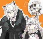  ... 1boy 2girls :/ anger_vein animal_ears arknights black_cape black_eyes black_jacket black_necktie blue_eyes braid cape cliffheart_(arknights) collared_shirt flying_sweatdrops highres jacket leopard_ears long_hair multiple_girls necktie odmised orange_background pramanix_(arknights) shirt short_hair siblings silverash_(arknights) speech_bubble sweatdrop sweater turtleneck turtleneck_sweater upper_body white_hair white_shirt white_sweater 