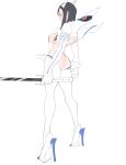  1girl absurdres ass black_eyes black_hair brashear_lushert clenched_hand closed_mouth gloves grey_background half-closed_eyes hatching_(texture) high_heels highres holding holding_sword holding_weapon junketsu kill_la_kill kiryuuin_satsuki long_hair shiny shiny_skin simple_background skindentation solo standing sword weapon white_footwear white_gloves white_legwear 