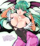  1girl animal_print bangs bare_shoulders bat_wings black_leotard blunt_bangs breasts cleavage clothing_cutout collarbone feather_trim gloves green_eyes green_hair head_wings heart_cutout hope large_breasts leotard long_hair looking_at_viewer mario_kaneda morrigan_aensland orange_gloves pantyhose partially_fingerless_gloves print_legwear purple_legwear solo upper_body vampire_(game) white_background wings 