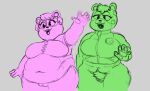  abs animal_crossing anthro big_breasts bottomless breasts charlise_(animal_crossing) clothed clothing duo eyelashes fangs female fur genitals gesture gnauseating green_body green_fur grey_background hair happy head_tuft jacket mammal muscular muscular_female navel nintendo open_mouth overweight overweight_female pawpads pink_body pink_fur pinky_(animal_crossing) pubes pussy raised_arm rosy_cheeks simple_background thick_thighs topwear tuft ursid video_games waving wide_hips 