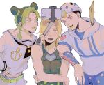  1girl 2boys black_hair blonde_hair blush cellphone cosplay costume_switch crossdressing double_bun green_hair hair_bun higashikata_josuke_(jojolion) highres horseshoe inanashil johnny_joestar jojo_no_kimyou_na_bouken jojolion kujo_jolyne multiple_boys phone selfie selfie_stick steel_ball_run stone_ocean white_background 