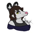  2022 anthro atomic_cat black_ears brown_hair bust_portrait clothed clothing danii_(character) didelphid female fully_clothed fur grey_body grey_fur hair low_res mammal marsupial pink_nose portrait round_ears signature solo trans_(lore) trans_woman_(lore) virginia_opossum yellow_eyes 